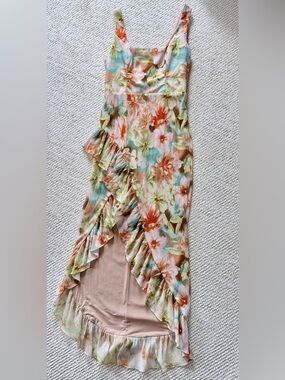 Floral Ruffle Formal Dress. Pink/Peach Floral Print